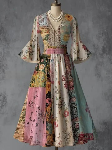 Retro Floral Art Printed V-Neck Vintage Chic Pleated Waist Flare Sleeve Midi Dress